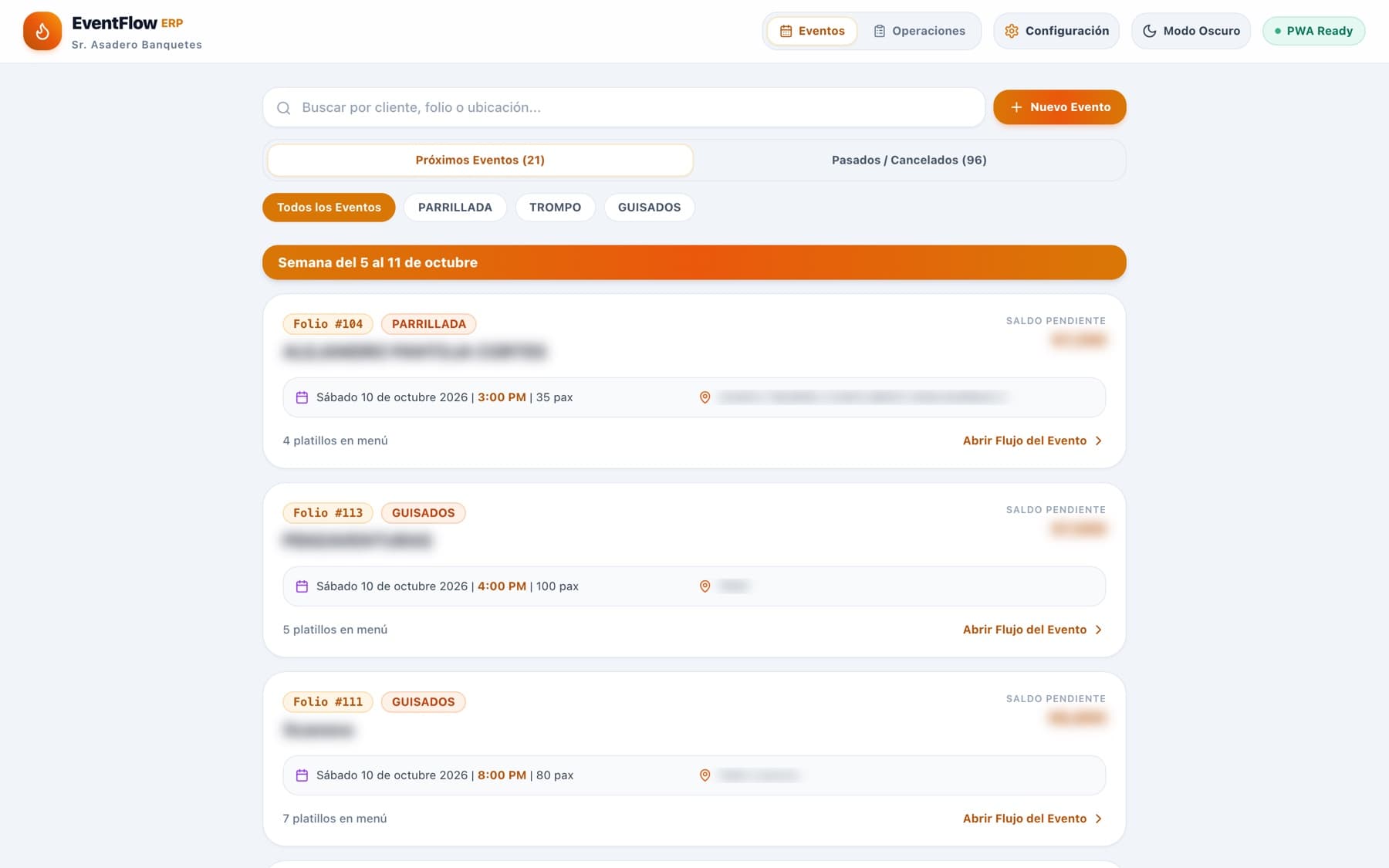 Lista de eventos de EventFlow con folios y saldos