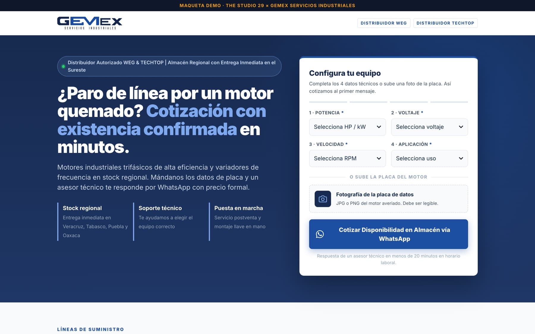Landing de GEMEXSI: formulario para configurar el motor y cotizar por WhatsApp